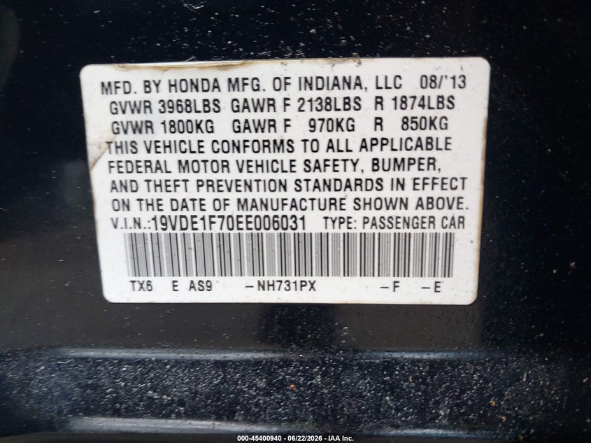 2014 Acura Ilx 2.0L VIN: 19VDE1F70EE006031 Lot: 45400940