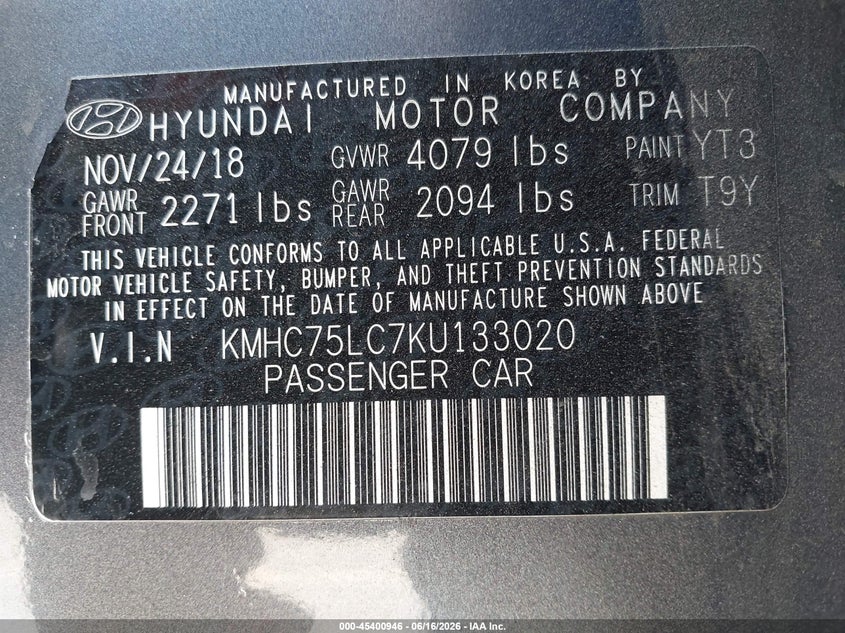 2019 Hyundai Ioniq Hybrid Sel VIN: KMHC75LC7KU133020 Lot: 45400946