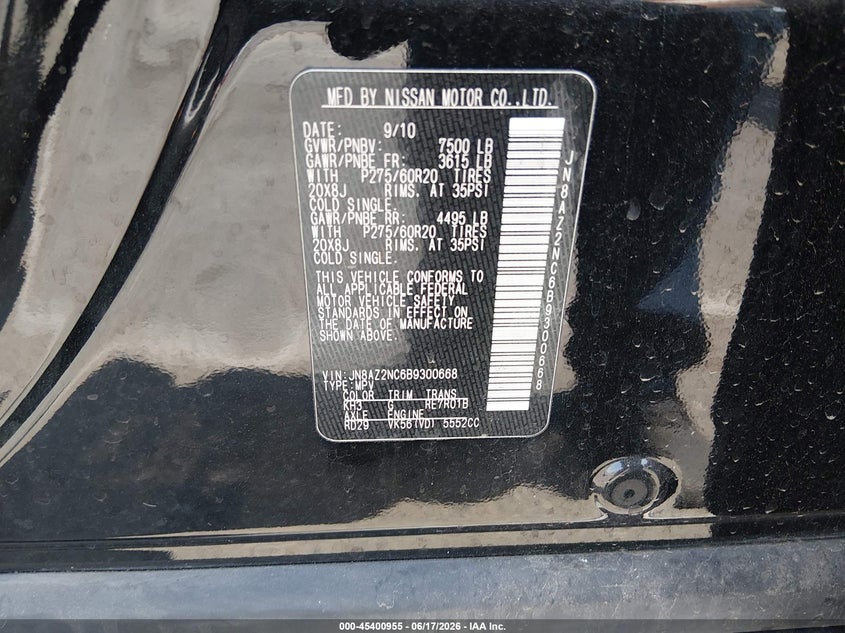 2011 Infiniti Qx56 VIN: JN8AZ2NC6B9300668 Lot: 45400955