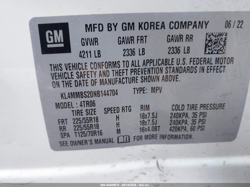 2022 Buick Encore Gx Fwd Preferred VIN: KL4MMBS20NB144704 Lot: 45400970
