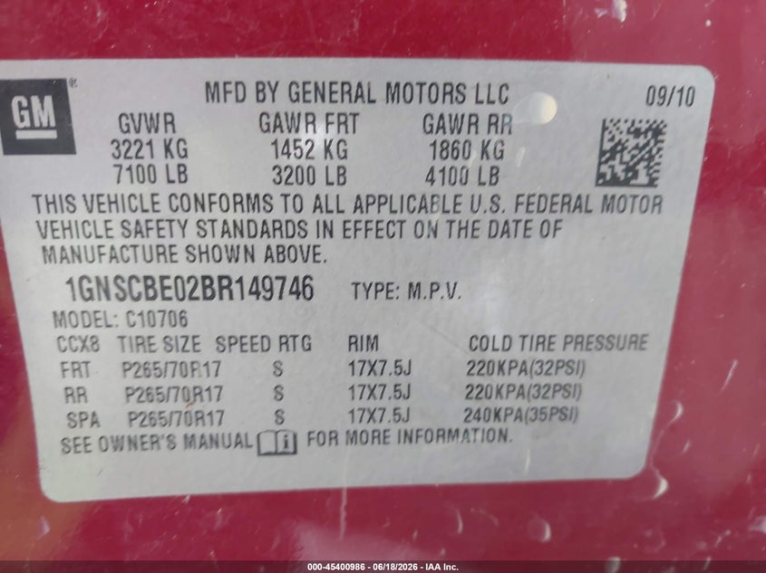 2011 Chevrolet Tahoe Lt VIN: 1GNSCBE02BR149746 Lot: 45400986