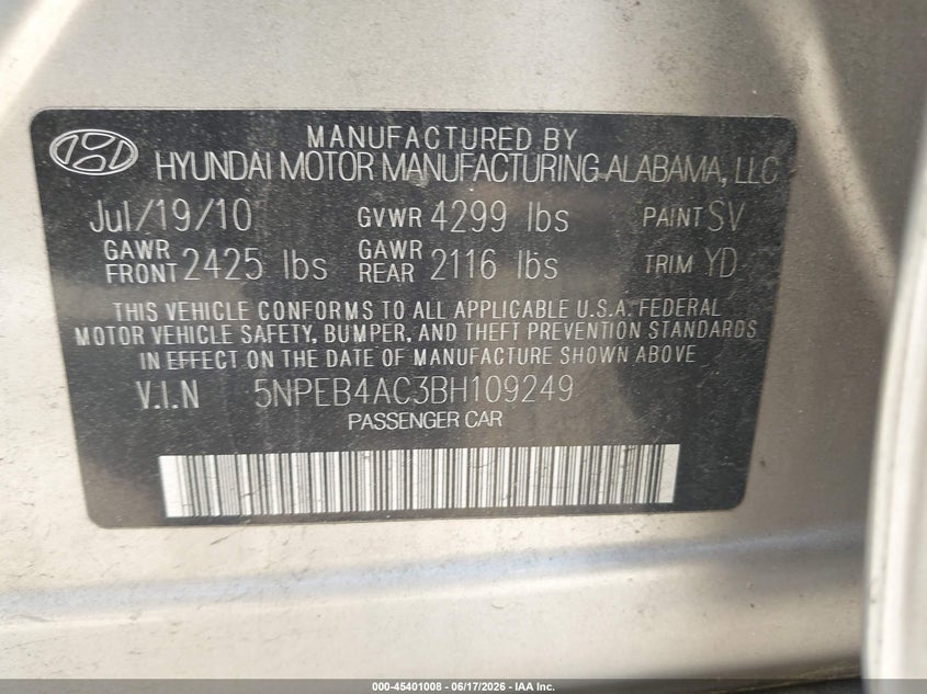 2011 HYUNDAI SONATA SEDAN 2.4L I-4 DI, DOHC, VVT, 190HP