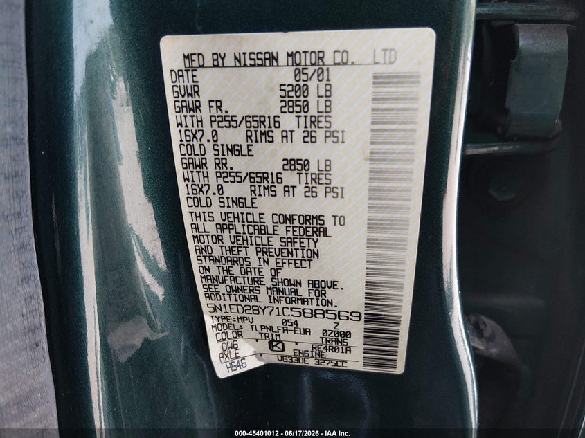 2001 Nissan Xterra Se VIN: 5N1ED28Y71C588569 Lot: 45401012