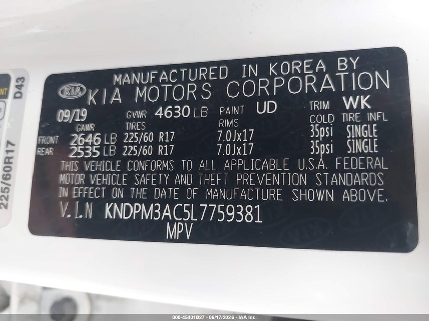 2020 Kia Sportage Lx VIN: KNDPM3AC5L7759381 Lot: 45401027