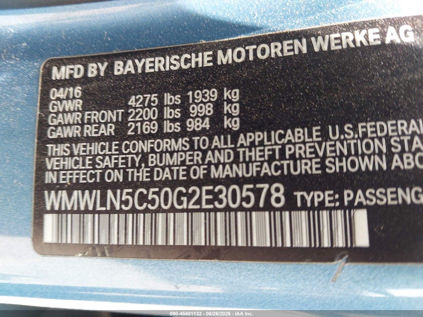 2016 Mini Clubman Cooper VIN: WMWLN5C50G2E30578 Lot: 45401132