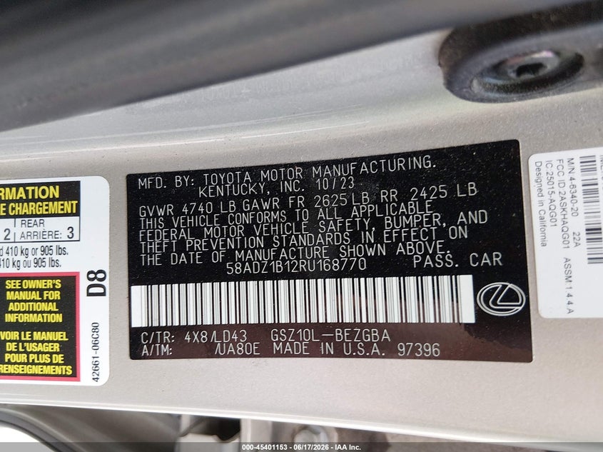 2024 Lexus Es 350 VIN: 58ADZ1B12RU168770 Lot: 45401153