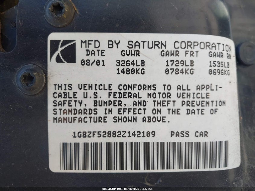 2002 Saturn S-Series Sl VIN: 1G8ZF52882Z142109 Lot: 45401194