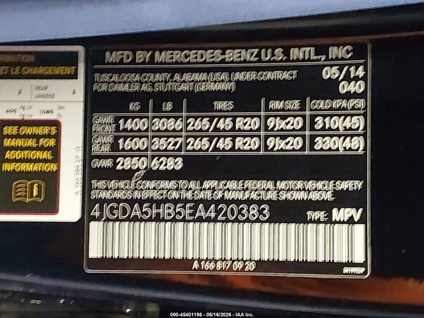 2014 Mercedes-Benz Ml 350 4Matic VIN: 4JGDA5HB5EA420383 Lot: 45401196