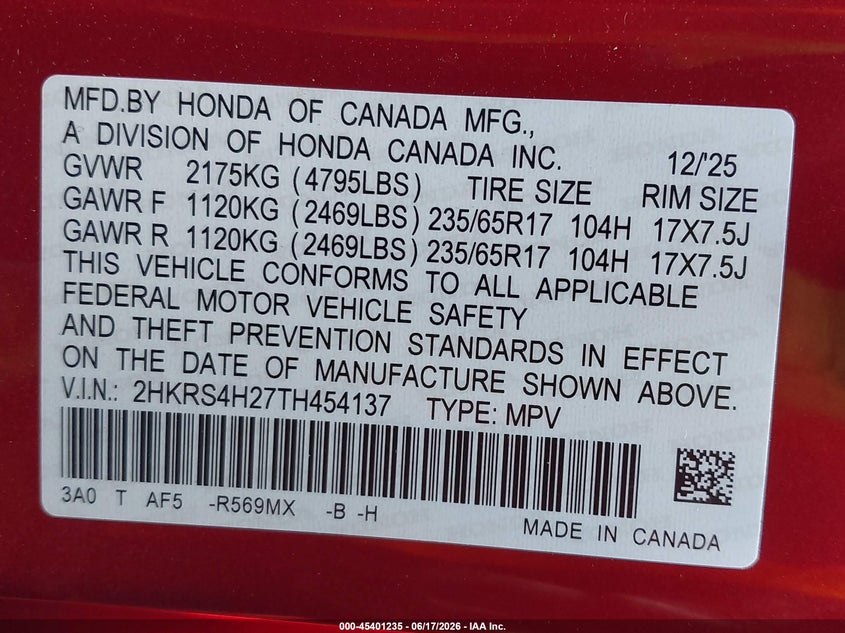 HONDA CR-V 2026 VIN 2HKRS4H27TH454137