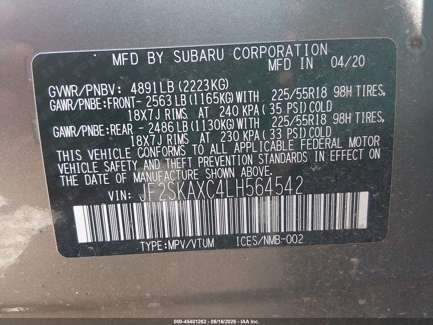 2020 SUBARU FORESTER SPORT UTILITY VEHICLE 2.5L H-4 DI, DOHC, VVT, 182HP
