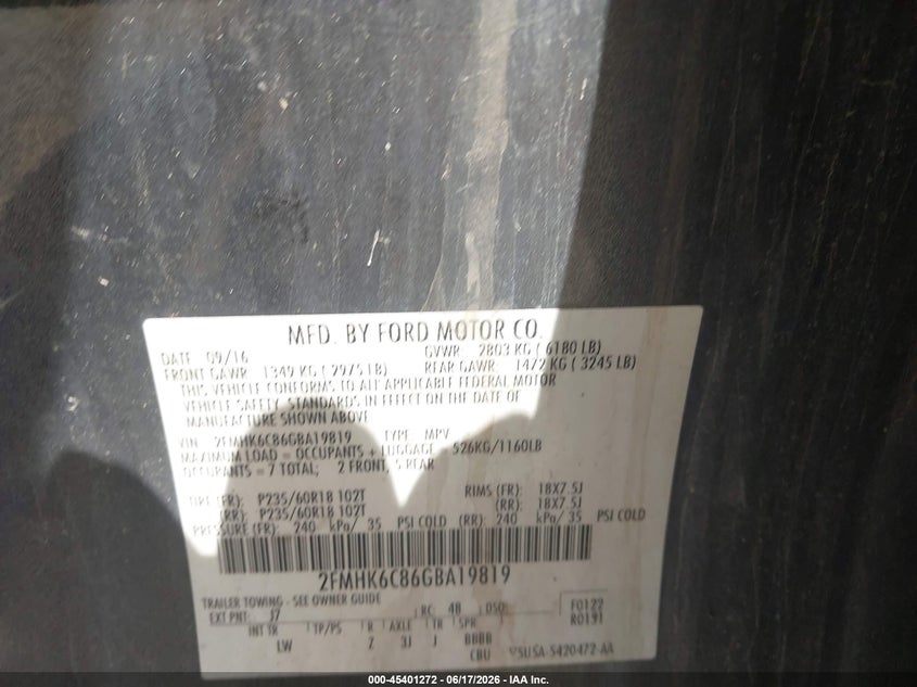 2016 Ford Flex Sel VIN: 2FMHK6C86GBA19819 Lot: 45401272