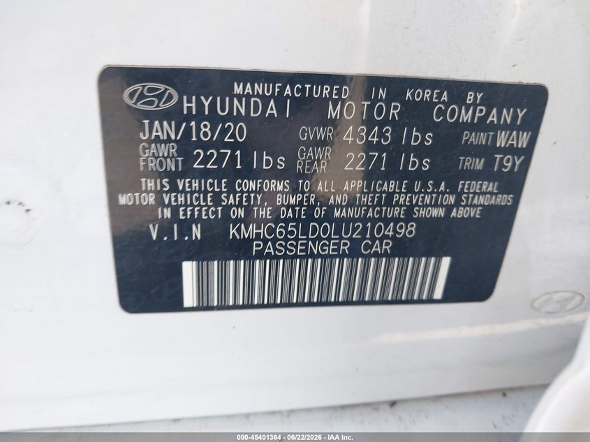 2020 Hyundai Ioniq Plug-In Hybrid Se VIN: KMHC65LD0LU210498 Lot: 45401364