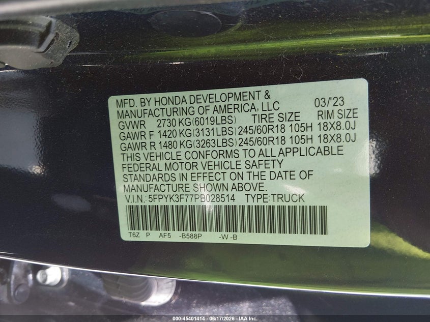 HONDA RIDGELINE 2023 VIN 5FPYK3F77PB028514