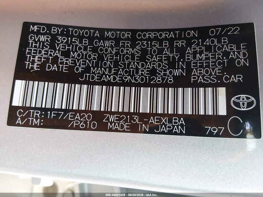 2022 TOYOTA COROLLA 1.8L I-4 DOHC, VVT, (VIN: JTDEAMDE9N3012878