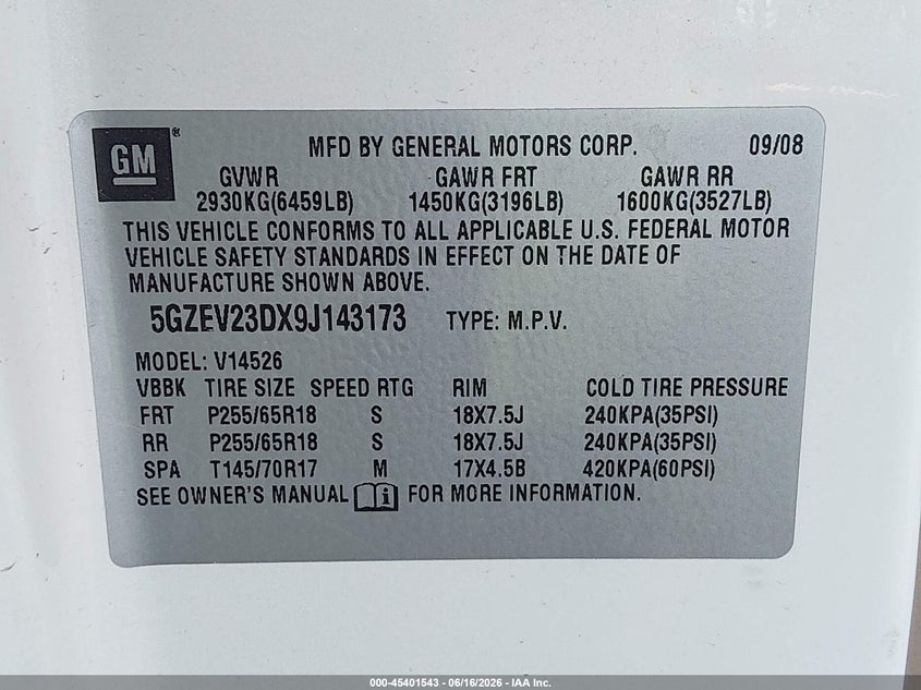 2009 Saturn Outlook Xr VIN: 5GZEV23DX9J143173 Lot: 45401543