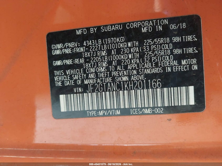 SUBARU CROSSTREK 2019 VIN JF2GTANC1KH201166