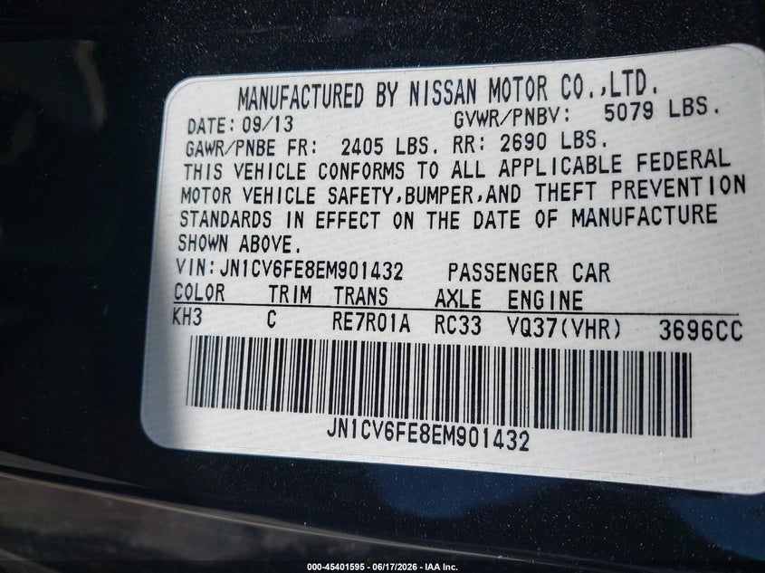 2014 Infiniti Q60 VIN: JN1CV6FE8EM901432 Lot: 45401595