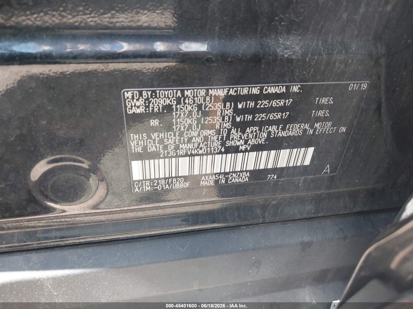 VIN 2T3G1RFV4KW011374 2019 TOYOTA RAV4 LE