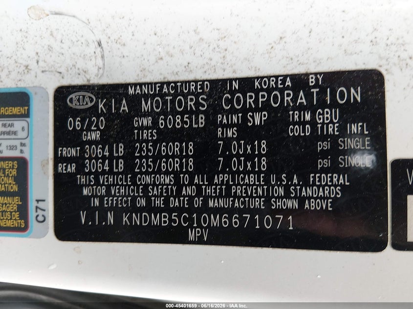 KIA SEDONA 2021 VIN KNDMB5C10M6671071