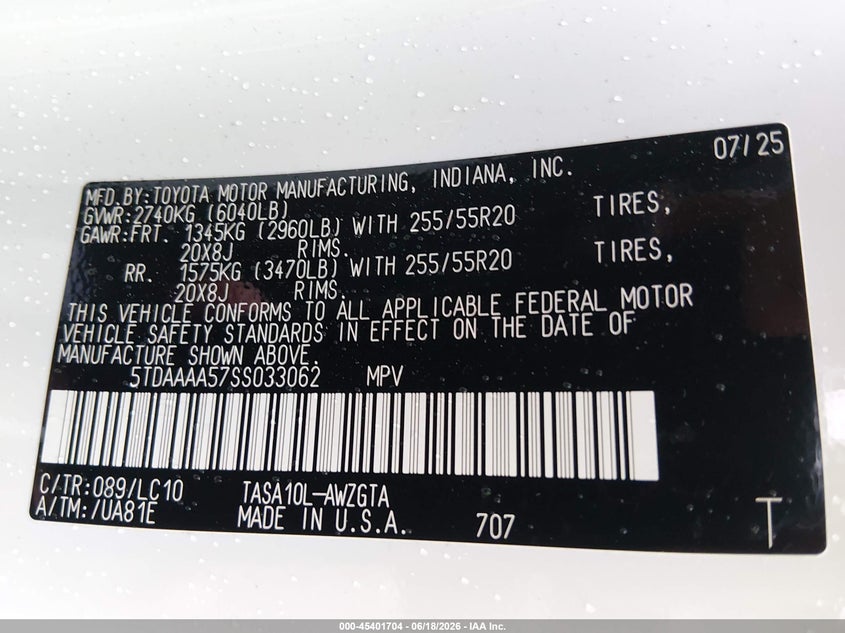 VIN 5TDAAAA57SS033062 2025 TOYOTA GRAND HIGHLANDER LIMITED