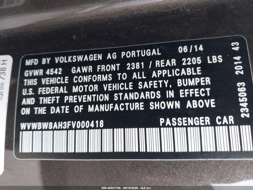 2015 Volkswagen Eos Komfort Edition VIN: WVWBW8AH3FV000418 Lot: 45401706