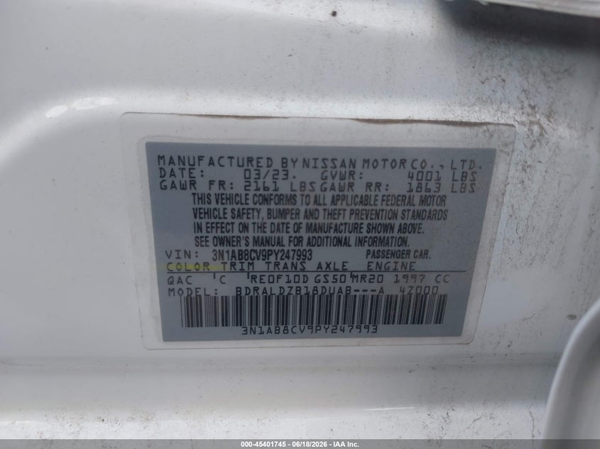 VIN 3N1AB8CV9PY247993 2023 NISSAN SENTRA SV XTRONIC CVT