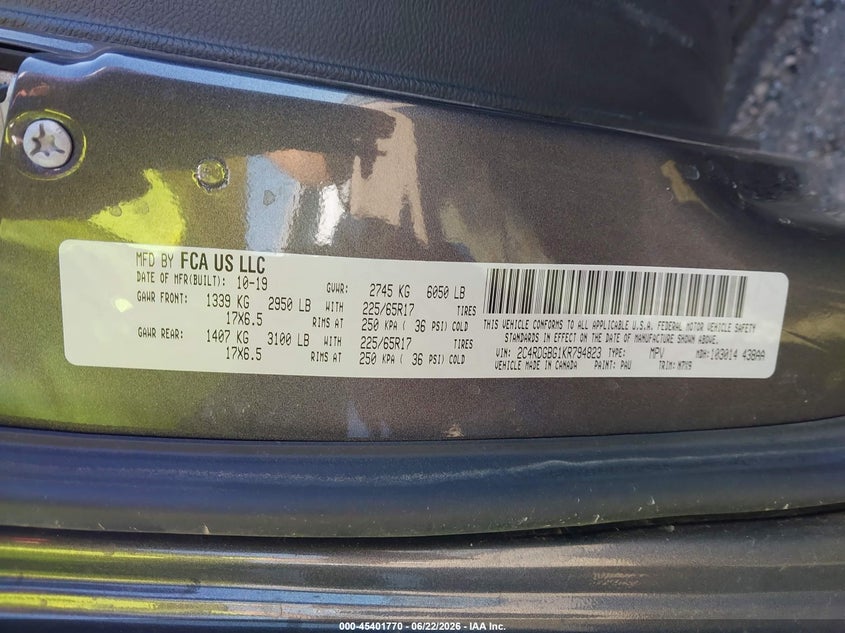 DODGE GRAND CARAVAN 2019 VIN 2C4RDGBG1KR794823