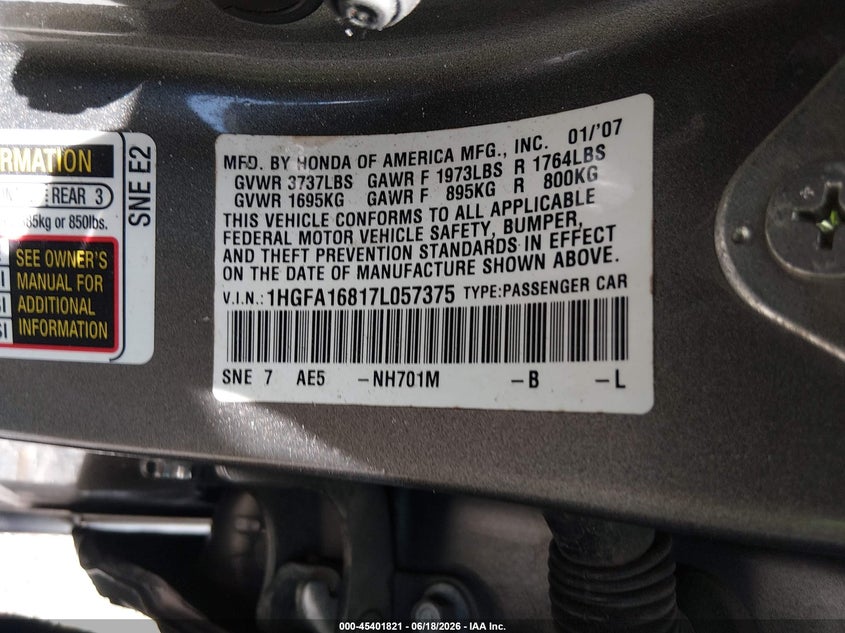 2007 HONDA CIVIC SEDAN 1.8L I-4 VVT, 140HP
