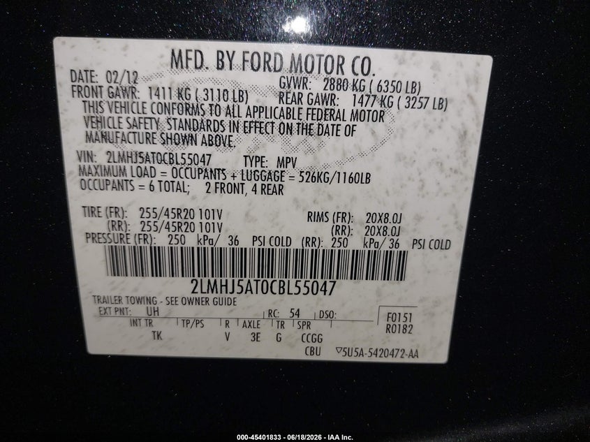 2012 Lincoln Mkt Ecoboost VIN: 2LMHJ5AT0CBL55047 Lot: 45401833