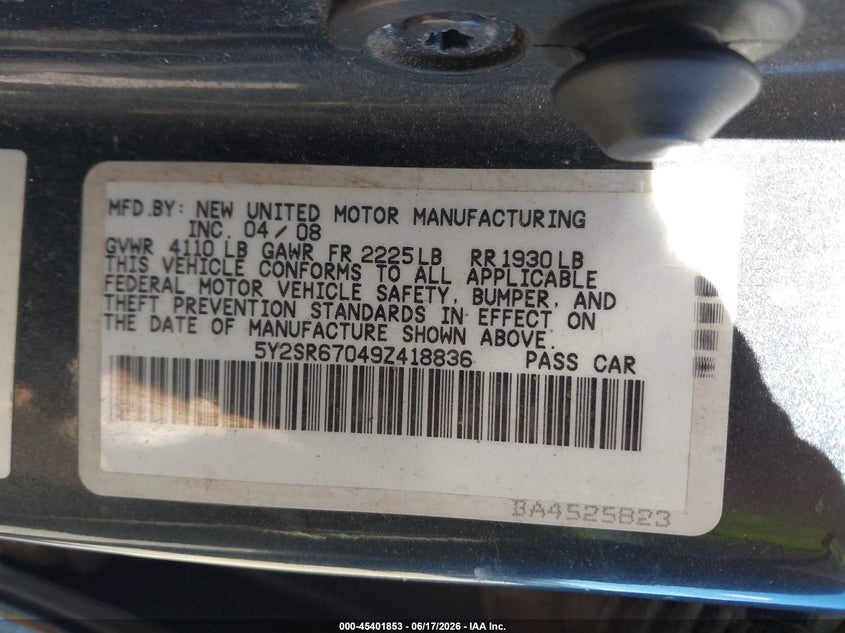 2009 Pontiac Vibe Gt VIN: 5Y2SR67049Z418836 Lot: 45401853
