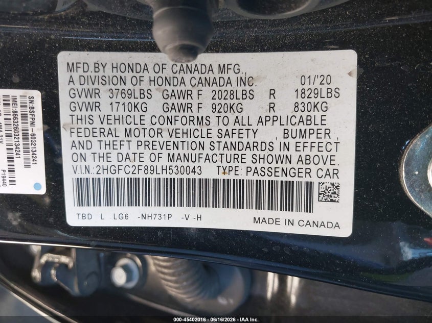 2020 HONDA CIVIC SEDAN 2.0L I-4 DOHC, VVT, 158HP