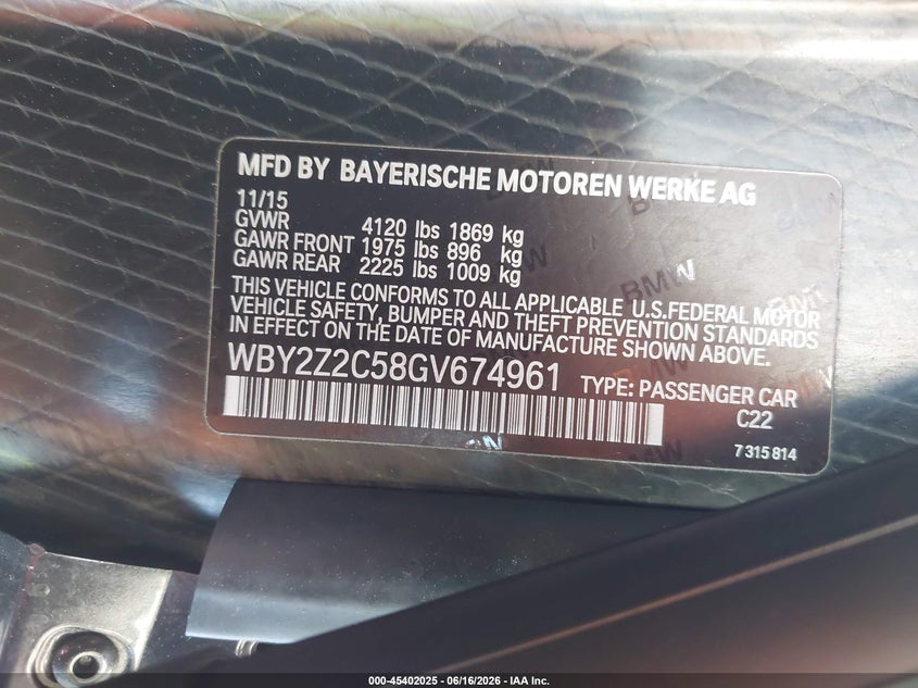 2016 BMW I8 COUPE 1.5L I-3 DI, DOHC, VVT, TURBO, 228HP