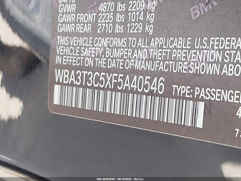 BMW 435I 2015 VIN WBA3T3C5XF5A40546