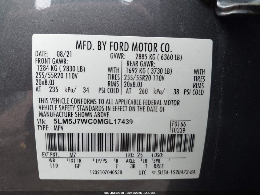 2021 Lincoln Aviator Reserve VIN: 5LM5J7WC0MGL17439 Lot: 45402050