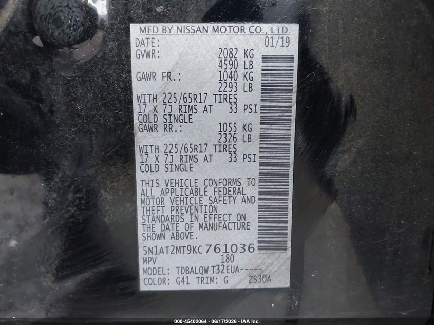 VIN 5N1AT2MT9KC761036 2019 NISSAN ROGUE SV