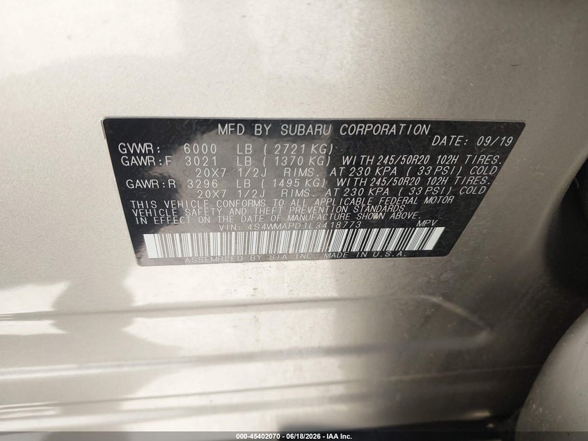 2020 Subaru Ascent Limited VIN: 4S4WMAPD1L3418773 Lot: 45402070