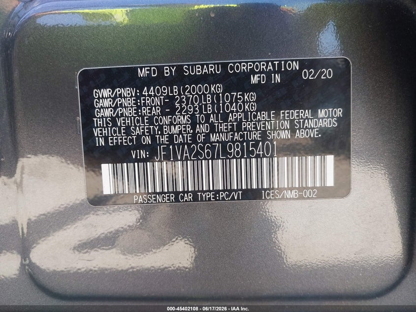 2020 Subaru Wrx Sti VIN: JF1VA2S67L9815401 Lot: 45402108