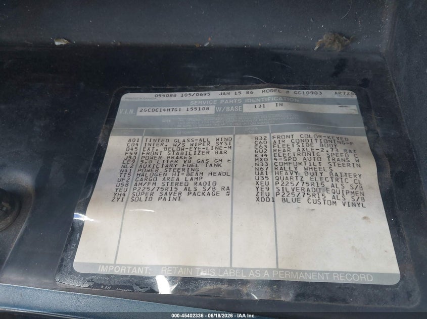1986 CHEVROLET C-10 COUPE 5.0L V8 CRB OHV C