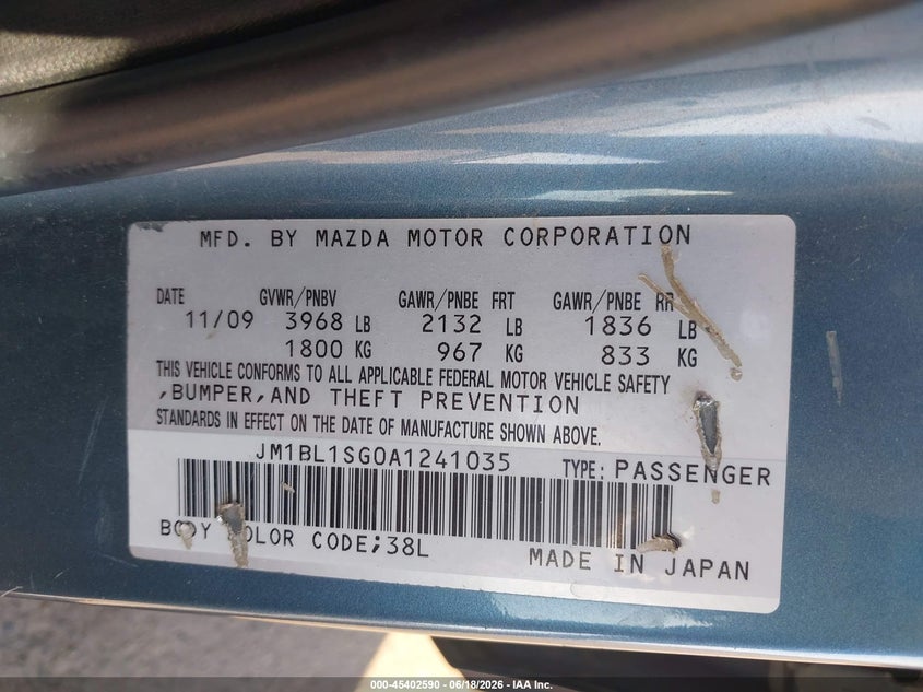 2010 MAZDA 3 SEDAN 2.0L I-4 DOHC, 144HP