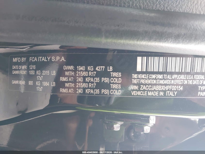 2017 JEEP RENEGADE SPORT UTILITY VEHICLE 2.4L I-4 VVT, 180HP