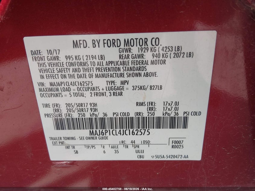 VIN MAJ6P1CL4JC162575 2018 FORD ECOSPORT SES