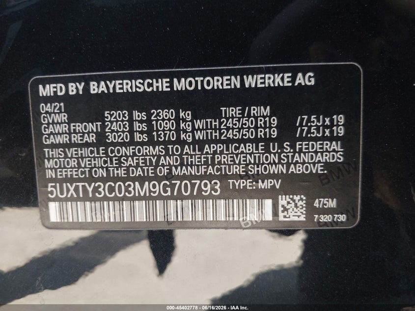 2021 BMW X3 SPORT UTILITY VEHICLE 2.0L I-4 DI, DOHC, VVT, TURBO, 248HP