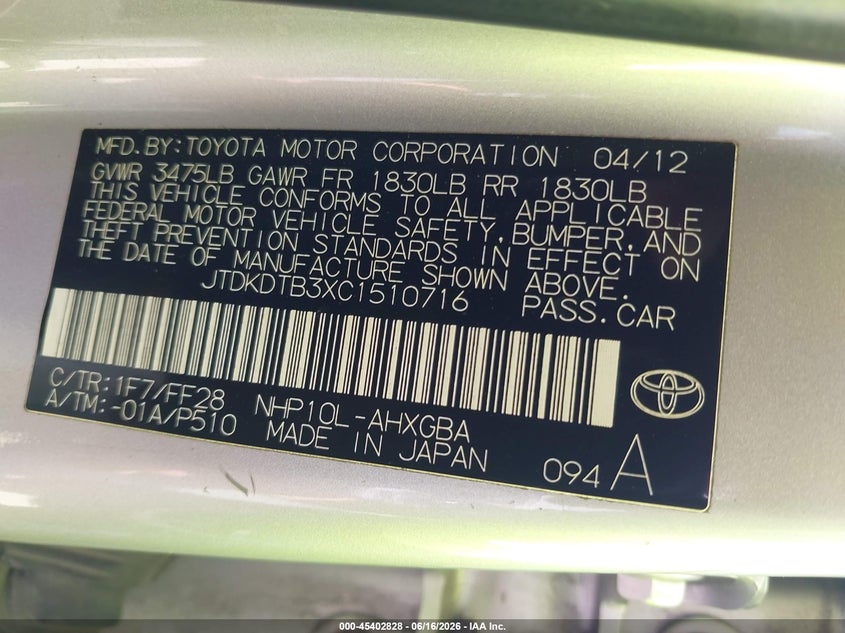 2012 Toyota Prius C Three VIN: JTDKDTB3XC1510716 Lot: 45402828