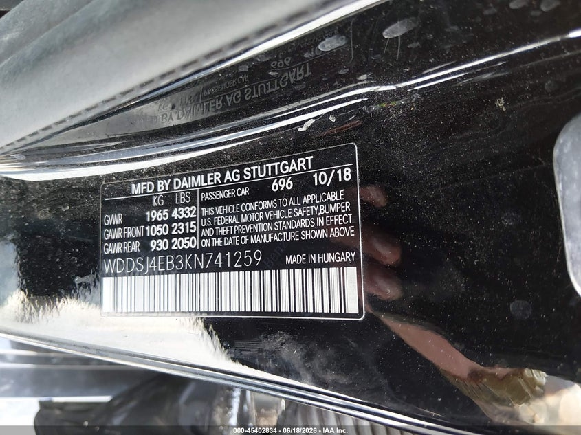 2019 Mercedes-Benz Cla 250 VIN: WDDSJ4EB3KN741259 Lot: 45402834