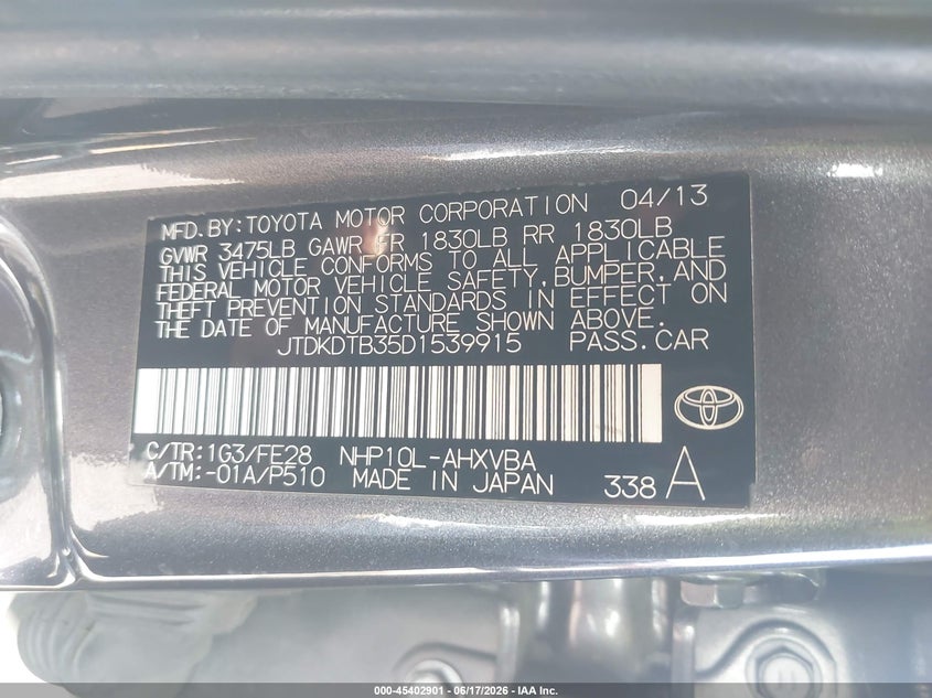 2013 Toyota Prius C One VIN: JTDKDTB35D1539915 Lot: 45402901