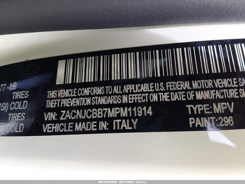 2021 Jeep Renegade Latitude Fwd VIN: ZACNJCBB7MPM11914 Lot: 45402956