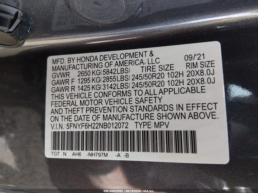 HONDA PILOT 2022 VIN 5FNYF6H22NB012072