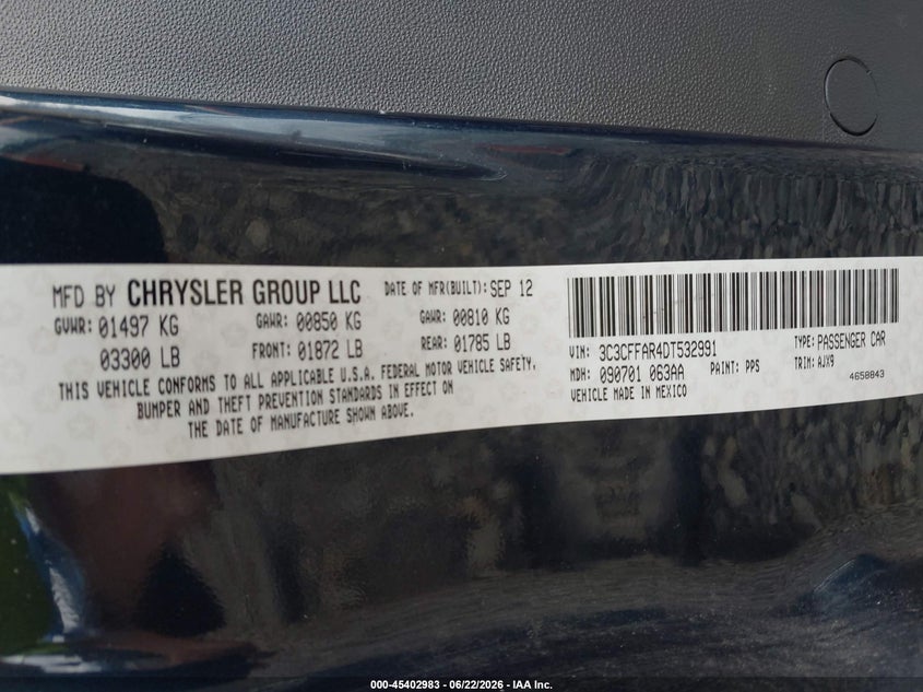 2013 Fiat 500 Pop VIN: 3C3CFFAR4DT532991 Lot: 45402983