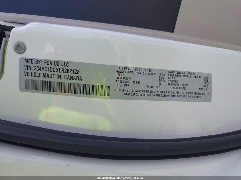 2020 Chrysler Voyager Lxi VIN: 2C4RC1DGXLR262128 Lot: 45403024