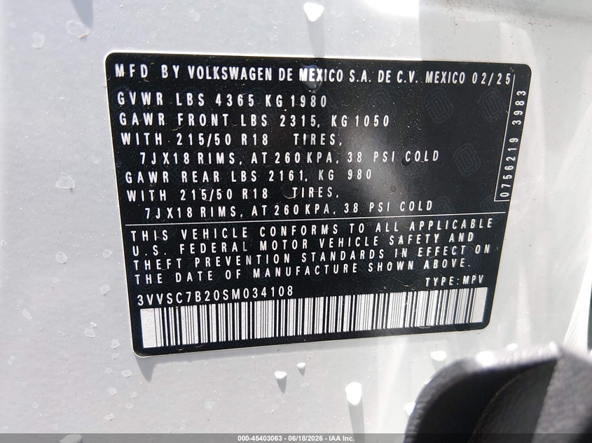 2025 Volkswagen Taos 1.5T Se VIN: 3VVSC7B20SM034108 Lot: 45403063